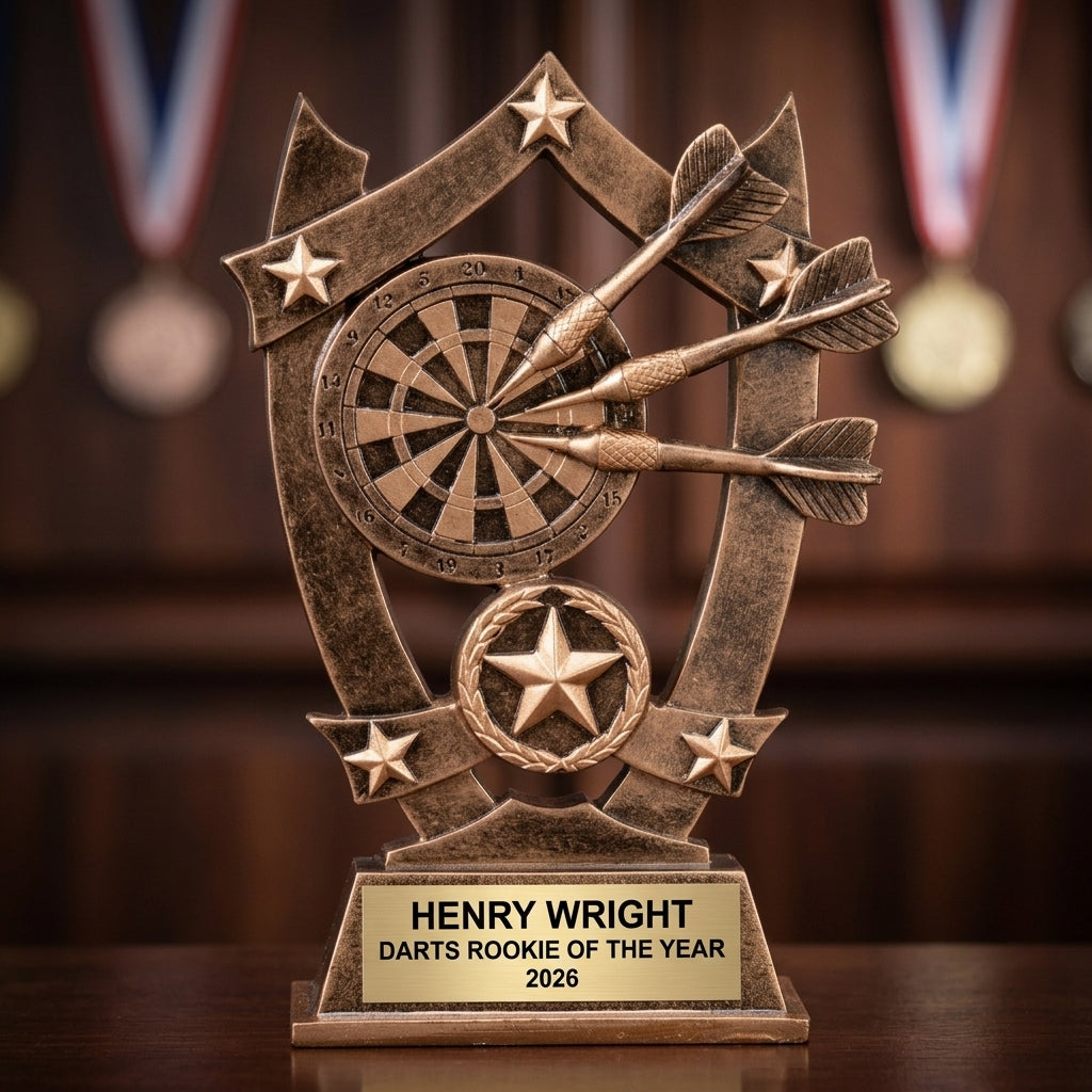 Darts Award Trophy | Personalized | Custom Engraved | Darts Tournament Trophy | Darts Gift | Bronze & Gold | Engraved Name Plate - View 3