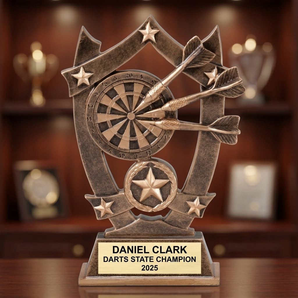 Darts Award Trophy | Personalized | Custom Engraved | Darts Tournament Trophy | Darts Gift | Bronze & Gold | Engraved Name Plate - View 4