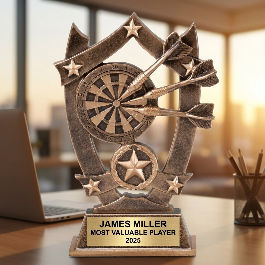 Darts Award Trophy | Personalized | Custom Engraved | Darts Tournament Trophy | Darts Gift | Bronze & Gold | Engraved Name Plate - View 5