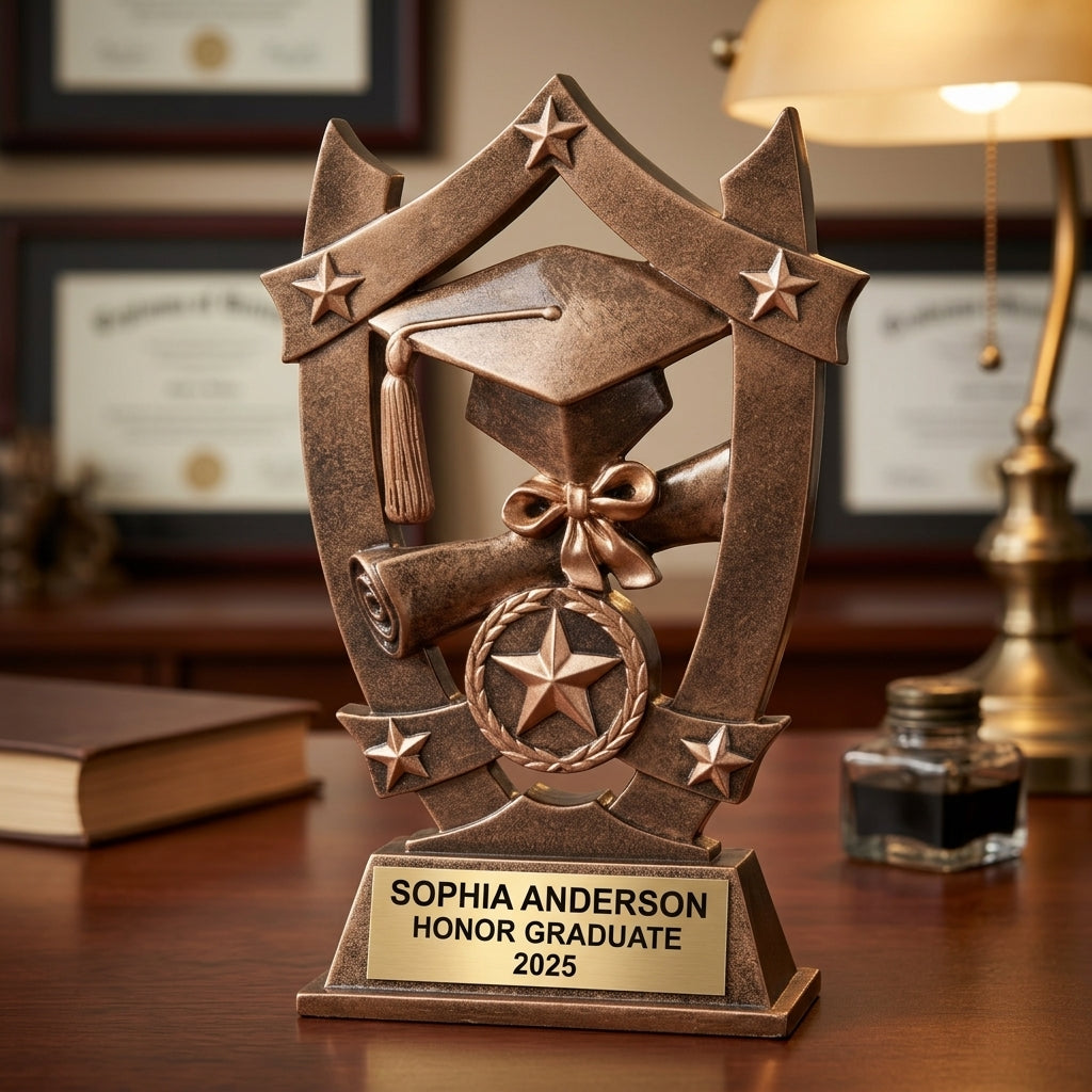 Graduation Trophy Award | Personalized | Custom Engraved | Academic Achievement | Valedictorian Gift | Bronze & Gold Star - View 3