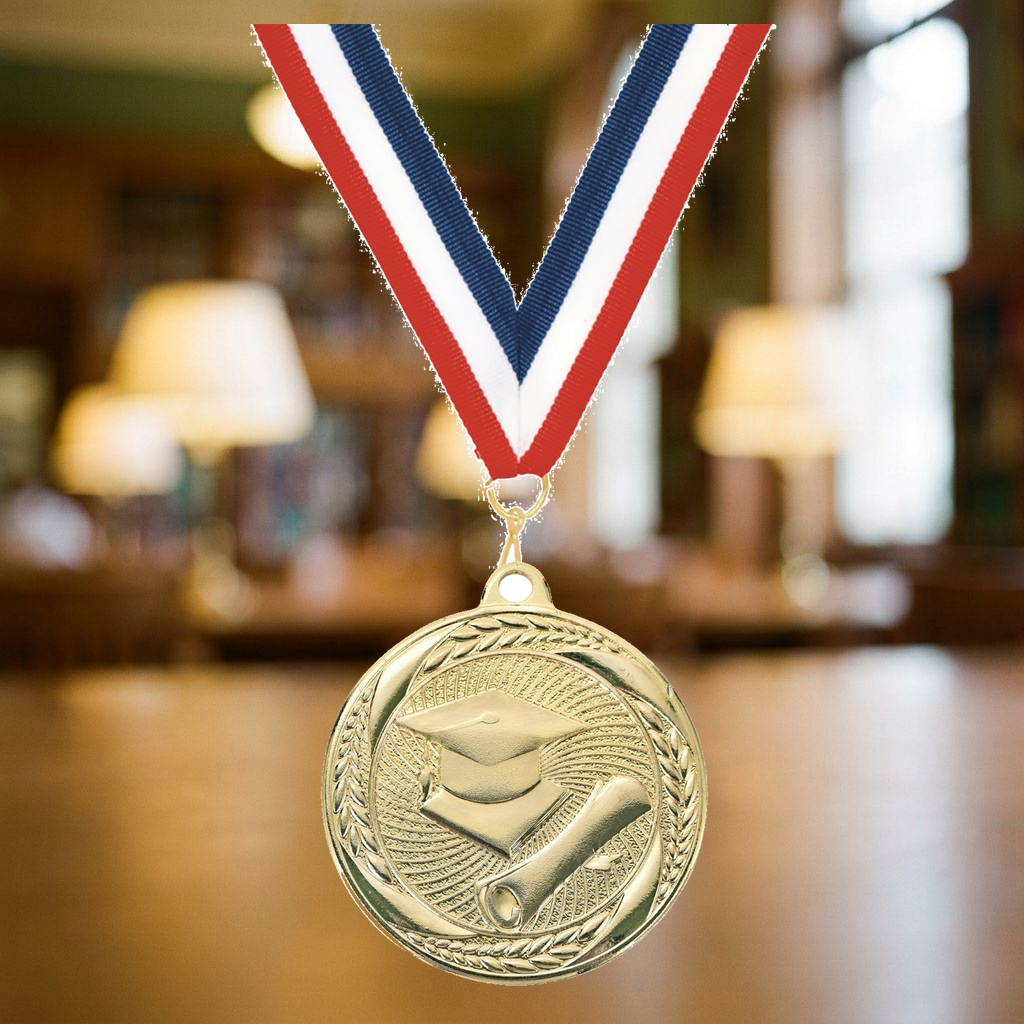 Personalized Scholastic Medals with Neck Ribbon - Gold - Custom Engraved