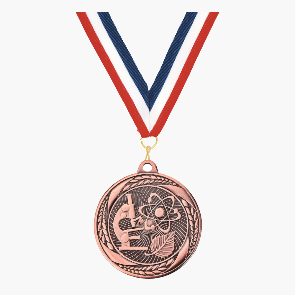 Personalized Science Medals with Neck Ribbon - Gold Silver Bronze - Custom Engraved