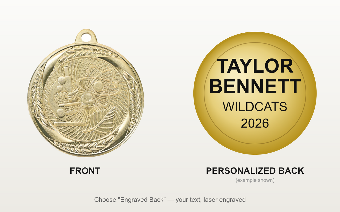 Personalized Science Medals with Neck Ribbon - Gold Silver Bronze - Custom Engraved