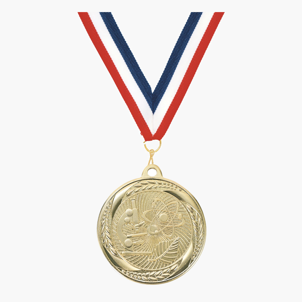 Personalized Science Medals with Neck Ribbon - Gold Silver Bronze - Custom Engraved