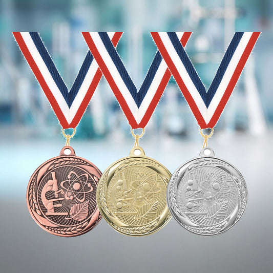 Personalized Science Medals with Neck Ribbon — personalized laser engraved medals from Wood Unlimited, made to order in Alabama