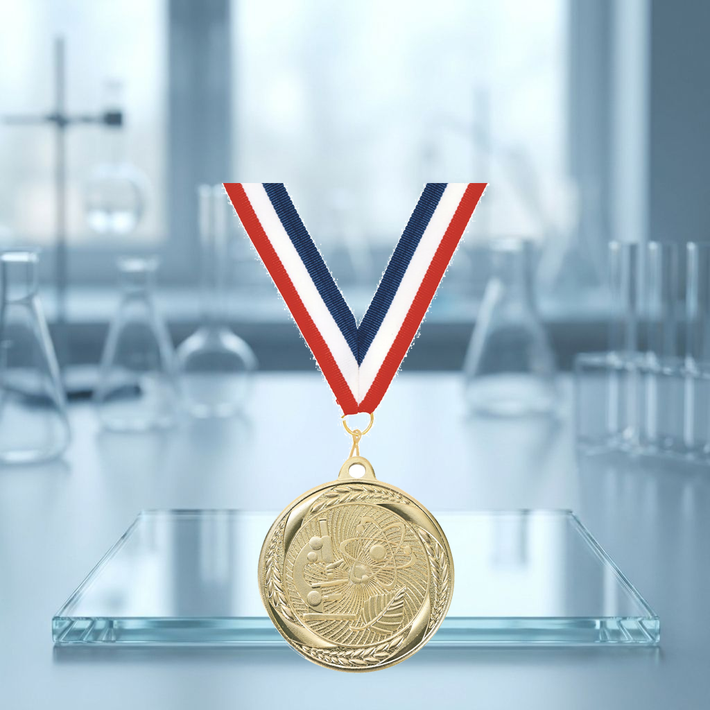 Personalized Science Medals with Neck Ribbon - Gold Silver Bronze - Custom Engraved