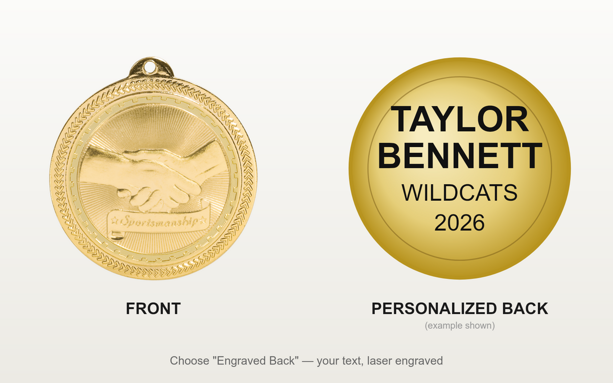 Personalized Sportsmanship Medals with Neck Ribbon - Gold Silver Bronze - Custom Engraved