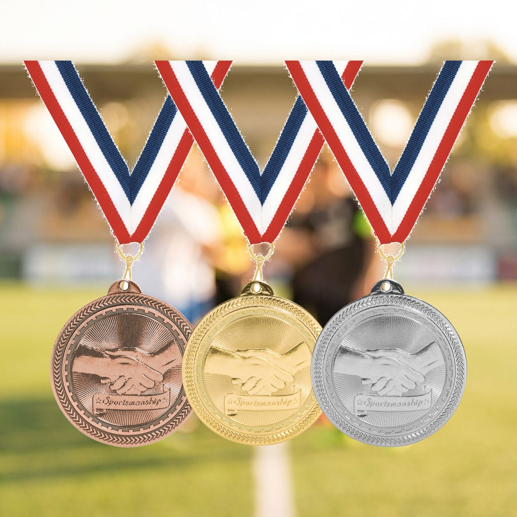 Personalized Sportsmanship Medals with Neck Ribbon - Gold Silver Bronze - Custom Engraved