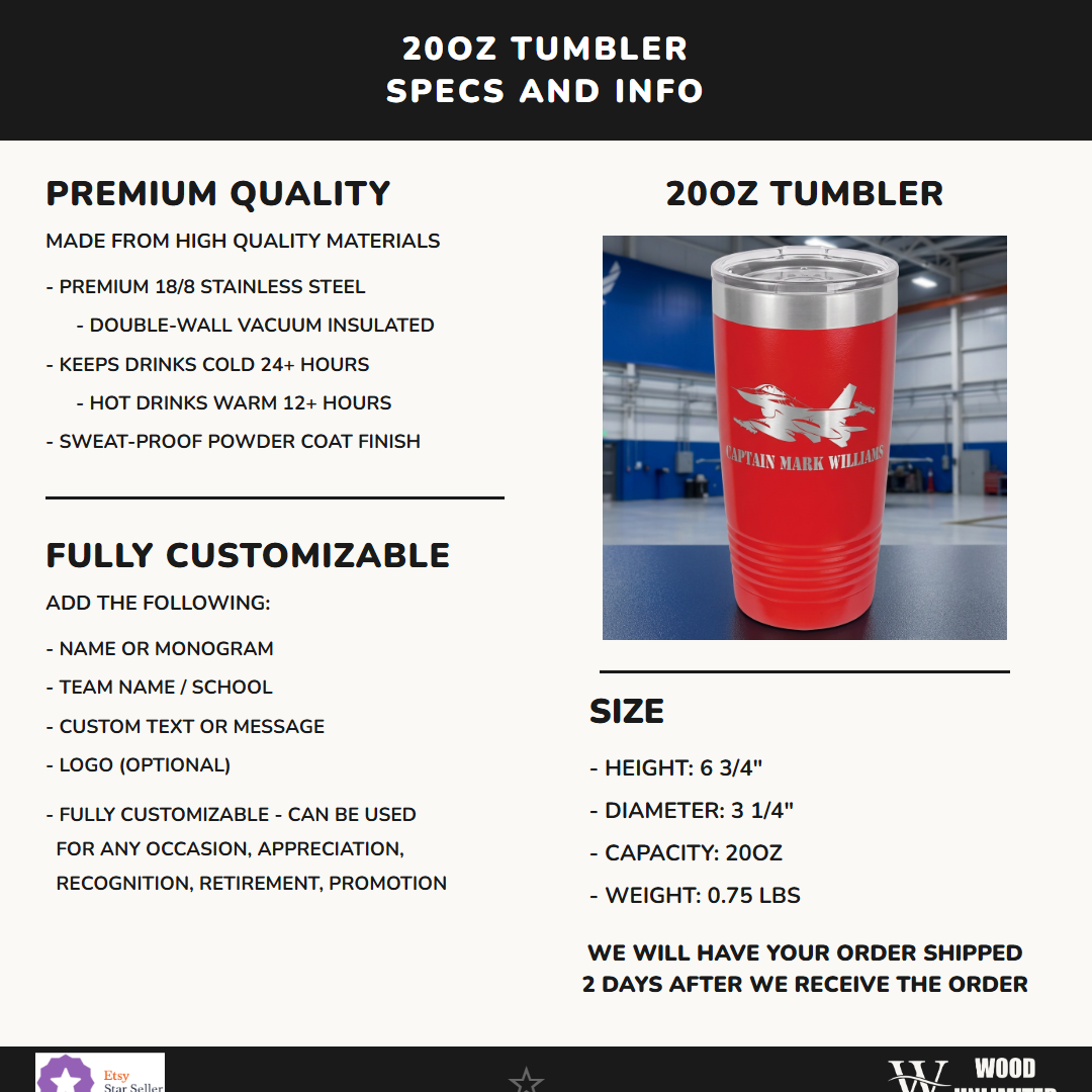 F16 Air Force Pilot Tumbler Gift - Personalized Military Veteran Retirement - Laser Engraved Custom Name