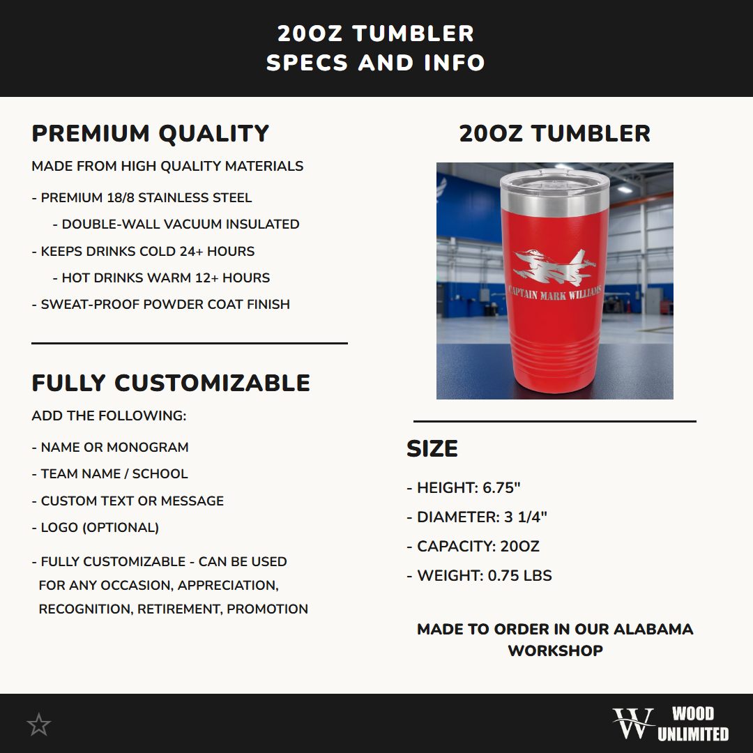 F16 Air Force Pilot Tumbler Gift - Personalized Military Veteran Retirement - Laser Engraved Custom Name
