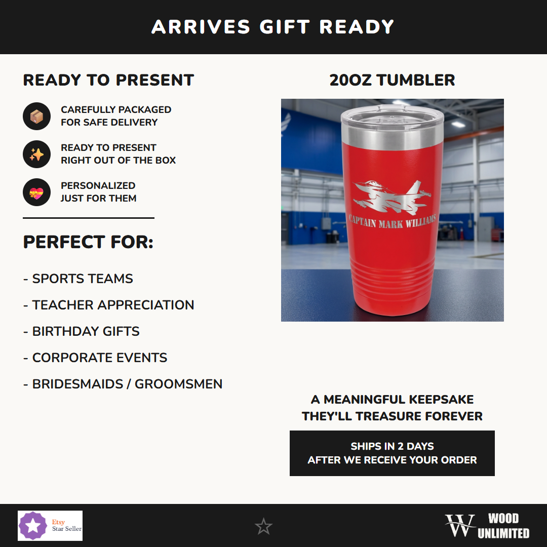 F16 Air Force Pilot Tumbler Gift - Personalized Military Veteran Retirement - Laser Engraved Custom Name