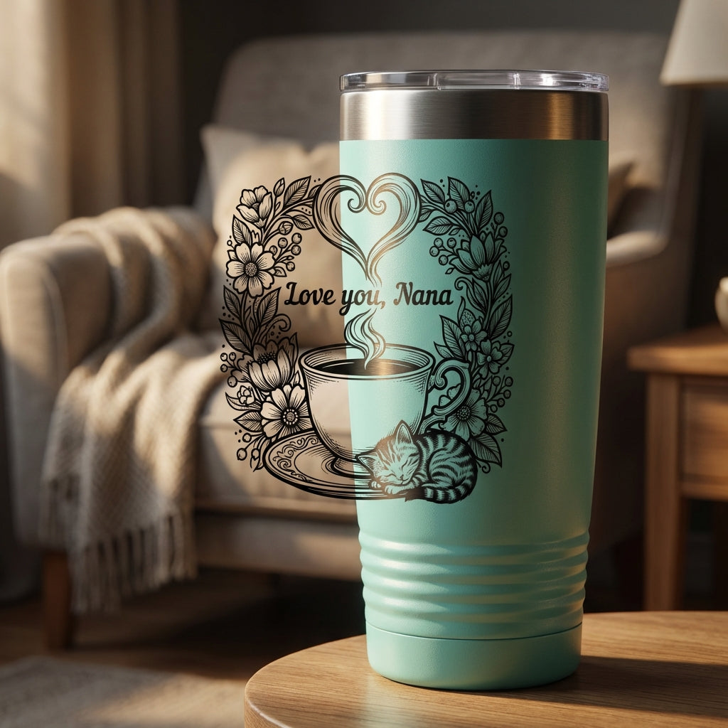 Cozy Teacup Kitten Tumbler - Personalized Grandma Gift - Laser Engraved Ringneck - Mother's Day Birthday Present - Custom Name - View 3