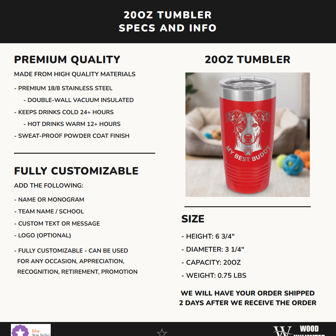 Personalized Dog Owner Gift 20oz Ringneck Tumbler - Custom Pet Portrait Engraved - Dog Mom Dad Present - Laser Etched
