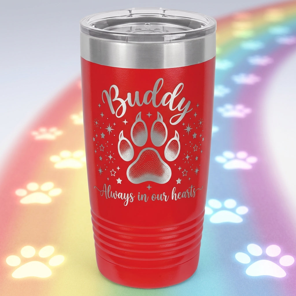 Personalized Pet Memorial Tumbler - Loss of Pet Gift - Custom Engraved Paw Print - Always in Our Hearts Condolence - View 1