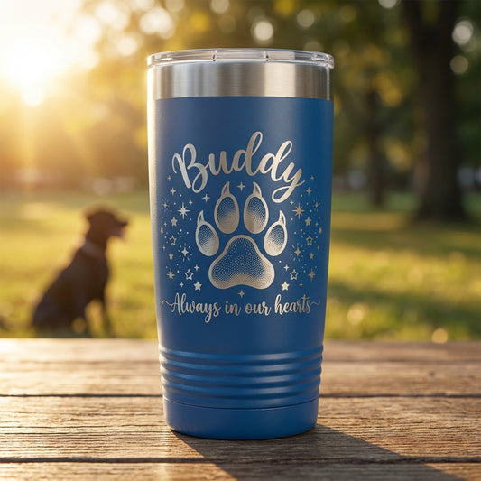 Personalized Pet Memorial Tumbler - Loss of Pet Gift - Custom Engraved Paw Print - Always in Our Hearts Condolence - View 2
