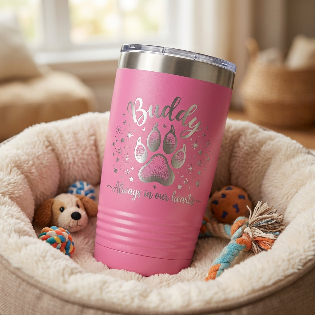 Personalized Pet Memorial Tumbler - Loss of Pet Gift - Custom Engraved Paw Print - Always in Our Hearts Condolence - View 3