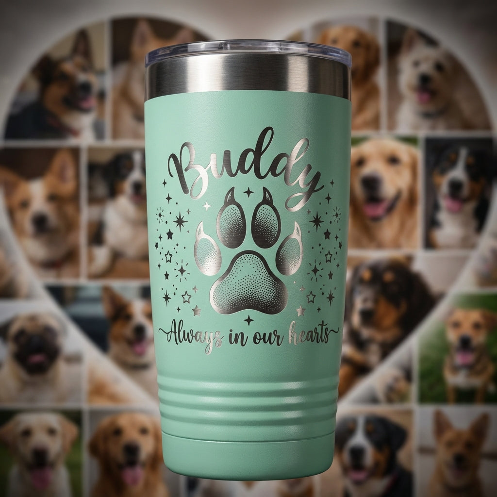 Personalized Pet Memorial Tumbler - Loss of Pet Gift - Custom Engraved Paw Print - Always in Our Hearts Condolence - View 4