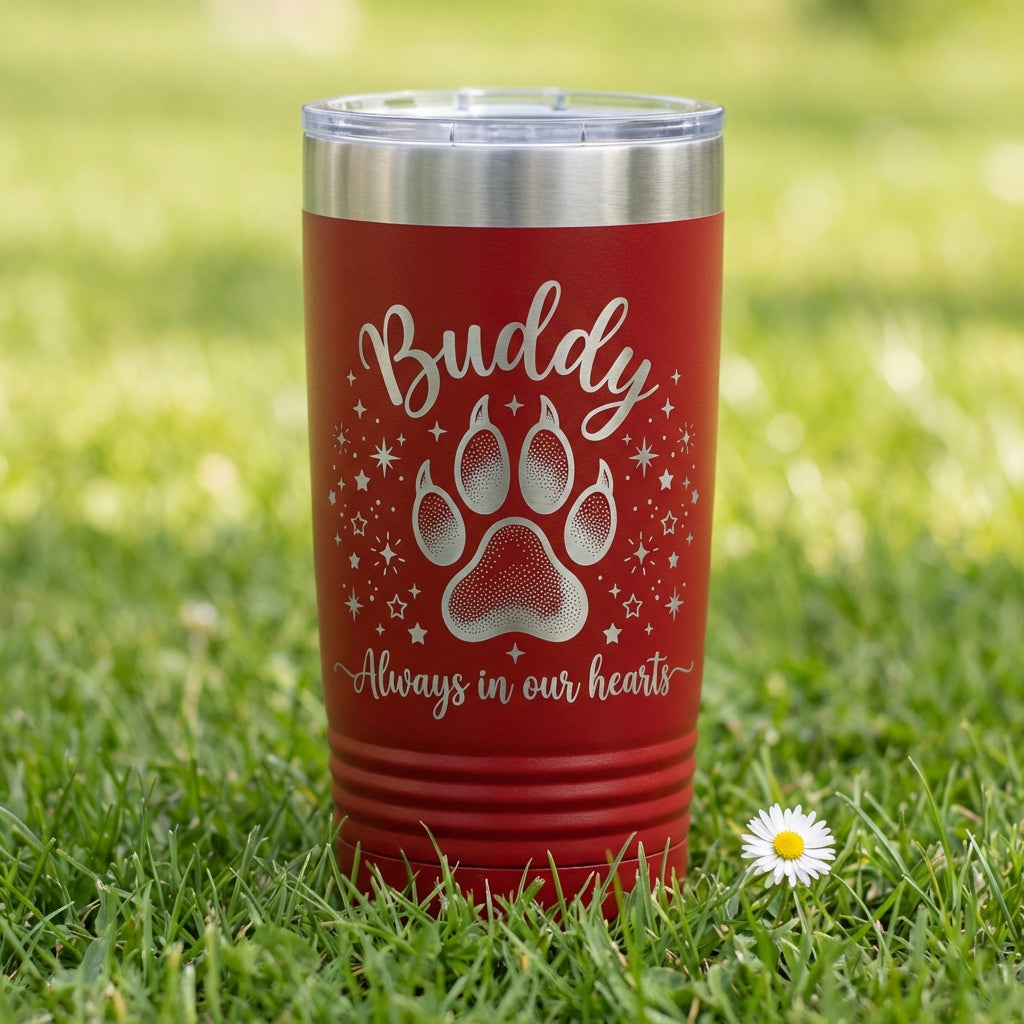Personalized Pet Memorial Tumbler - Loss of Pet Gift - Custom Engraved Paw Print - Always in Our Hearts Condolence - View 6