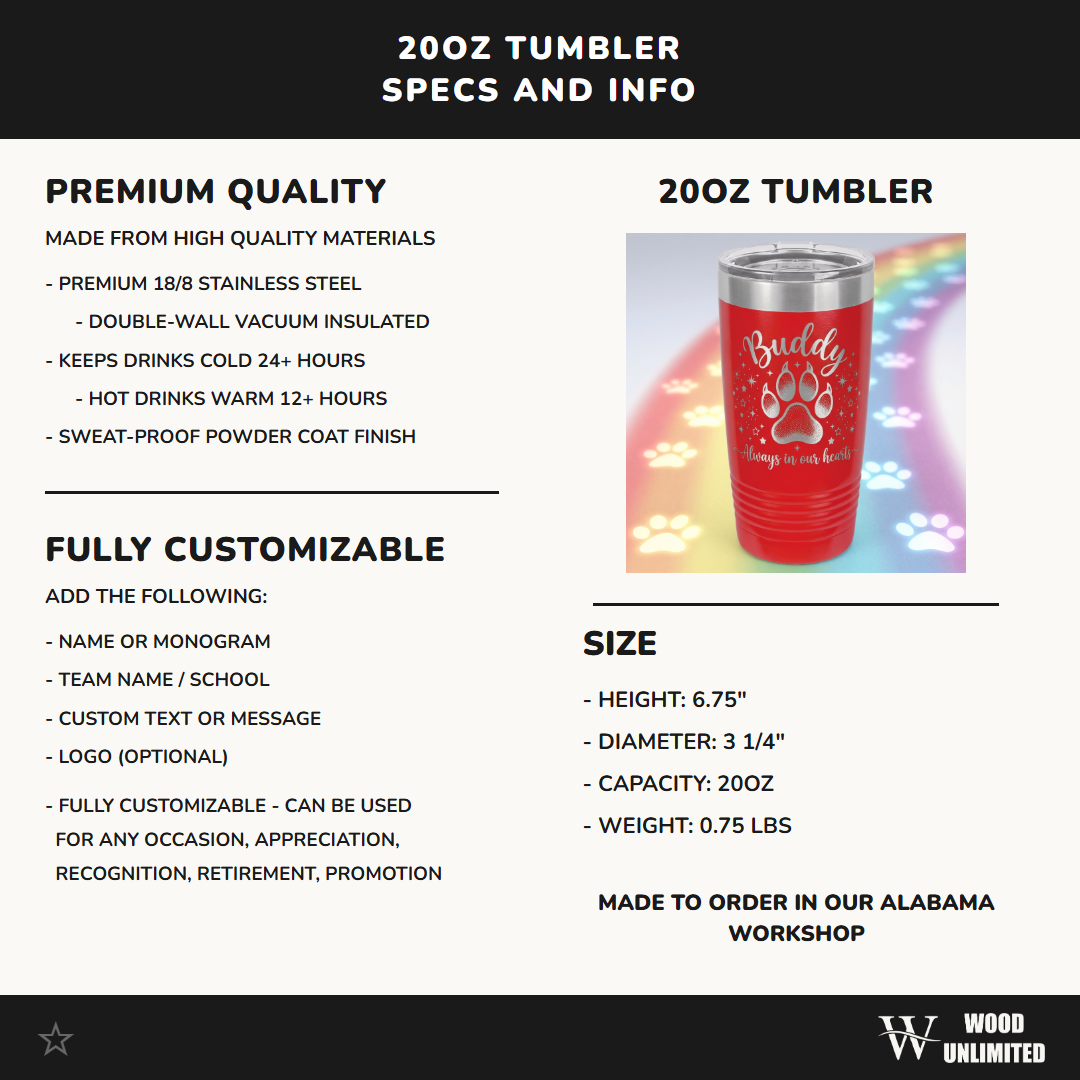 Personalized Pet Memorial Tumbler - Loss of Pet Gift - Custom Engraved Paw Print - Always in Our Hearts Condolence