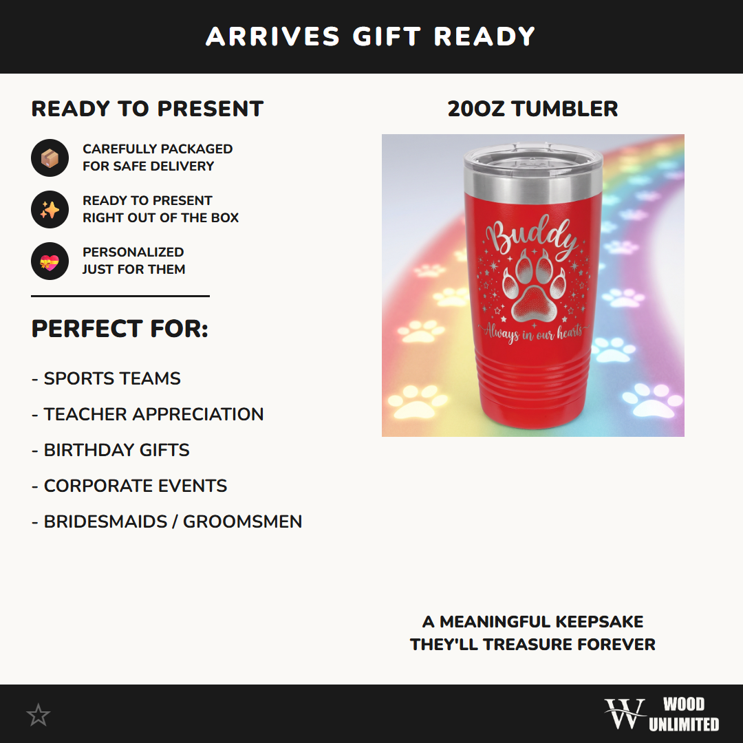 Personalized Pet Memorial Tumbler - Loss of Pet Gift - Custom Engraved Paw Print - Always in Our Hearts Condolence