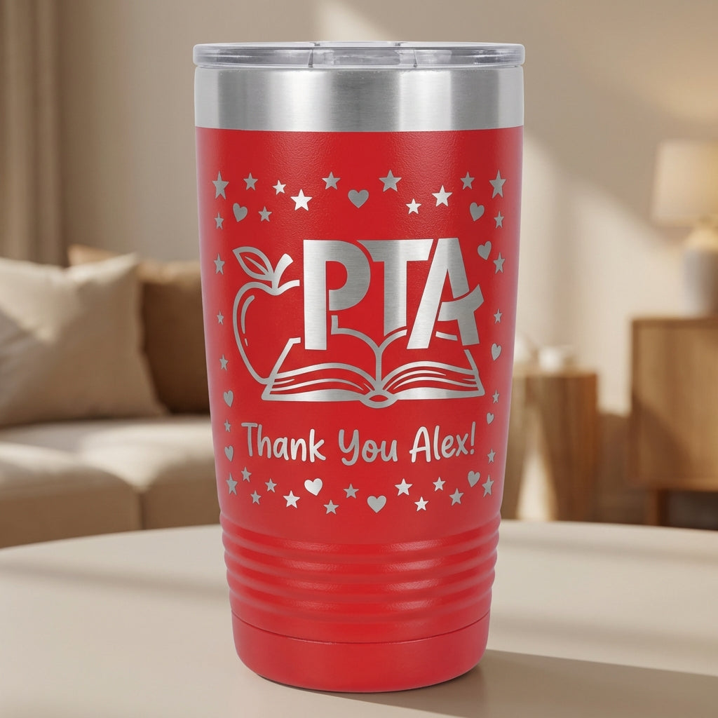 PTA Volunteer Gift Tumbler - Teacher Appreciation Personalized Thank You - Laser Engraved 20oz Ringneck - Custom Name - View 1