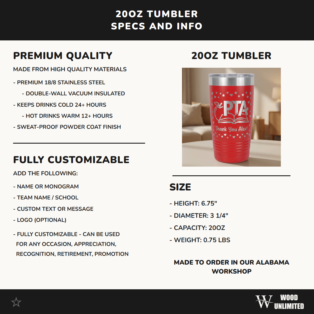 PTA Volunteer Gift Tumbler - Teacher Appreciation Personalized Thank You - Laser Engraved 20oz Ringneck - Custom Name