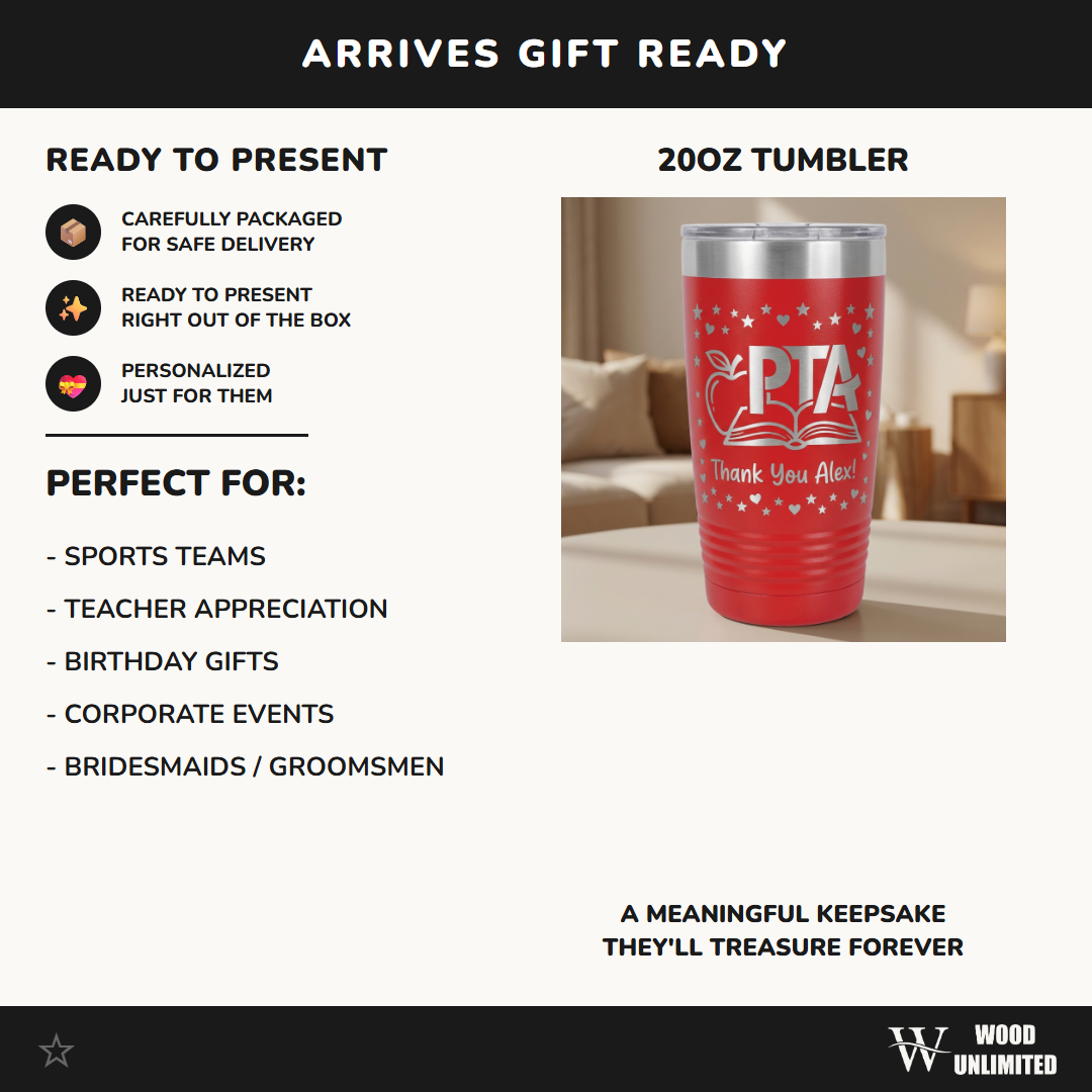 PTA Volunteer Gift Tumbler - Teacher Appreciation Personalized Thank You - Laser Engraved 20oz Ringneck - Custom Name