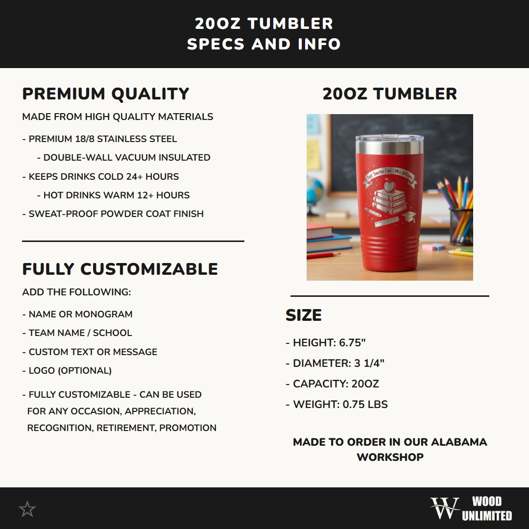 Personalized Teacher Gift Tumbler - Teacher Appreciation End of Year Present - Custom Engraved 20oz Ringneck Tumbler