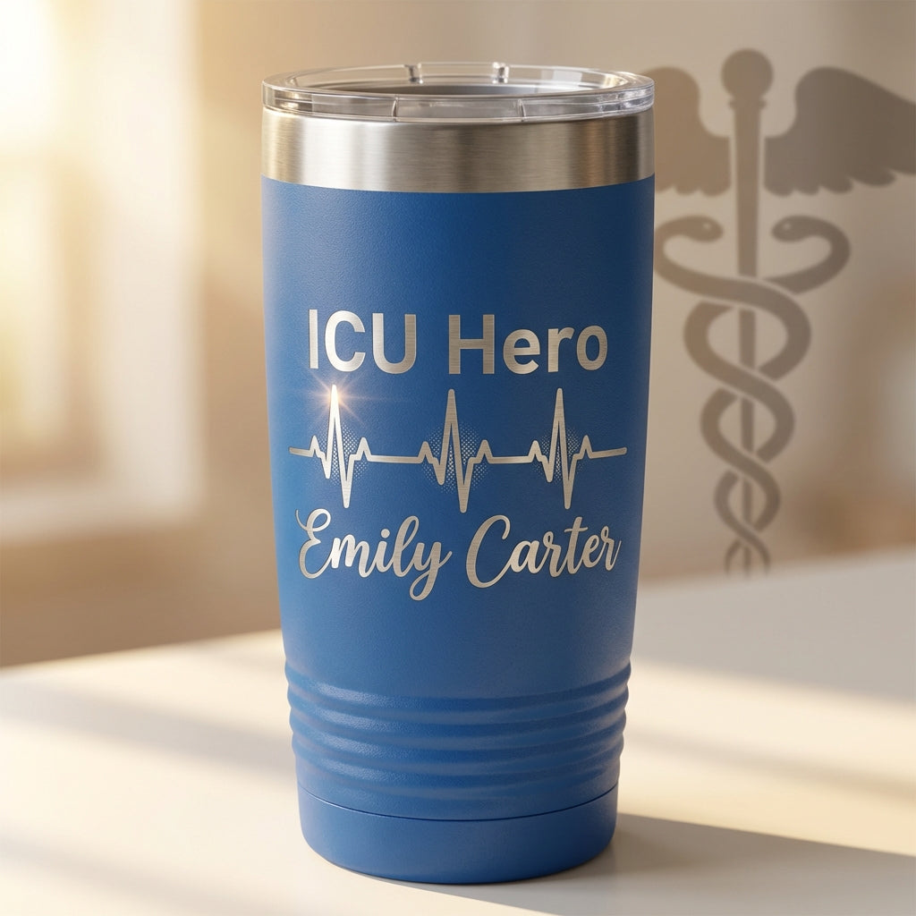 Personalized ICU Nurse Tumbler - Healthcare Hero Gift - Laser Engraved 20oz Ringneck - Custom Name Appreciation - View 2