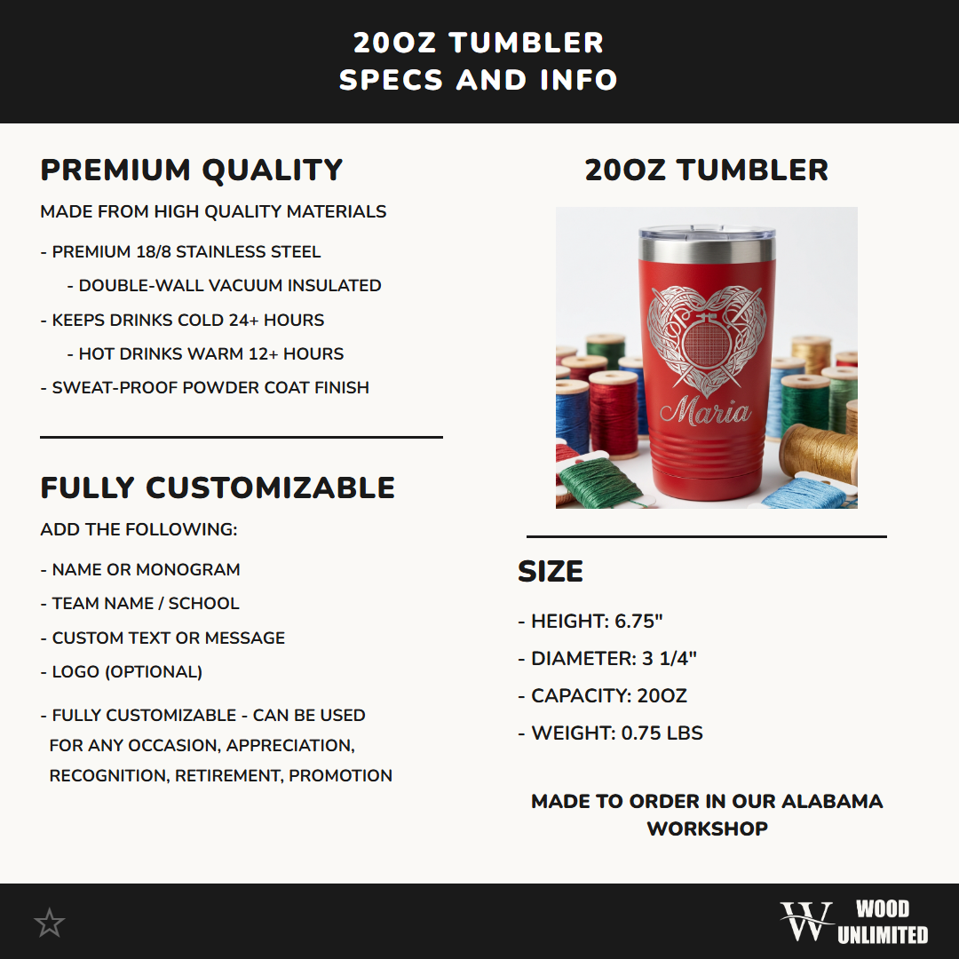 Personalized Embroidery Gift Tumbler - Sewing Lover Present - Crafter Gift - Laser Engraved Custom Name