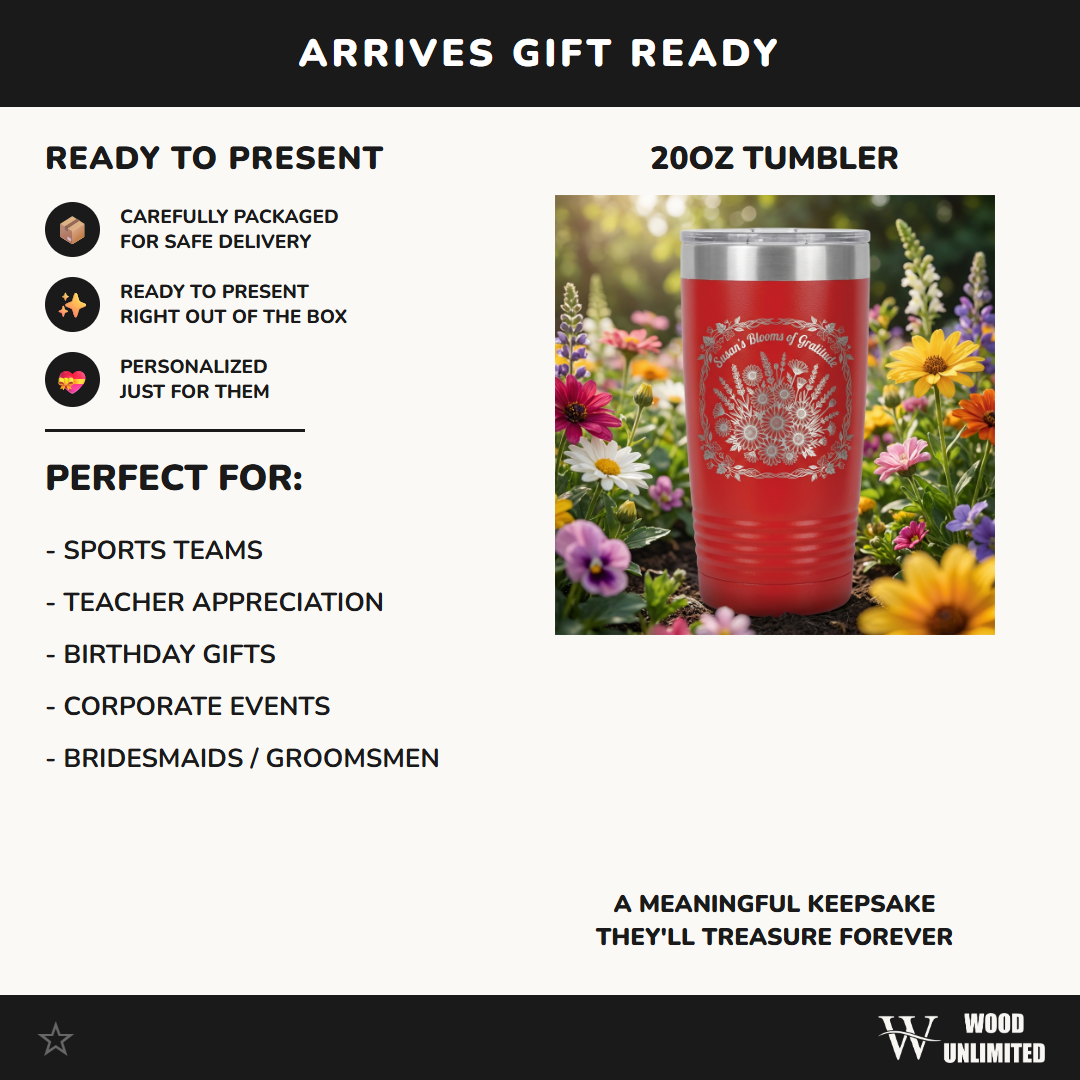 Personalized Floral Gratitude Tumbler, Custom Name Engraved 20oz Ringneck, Thank You Gift, Durable Drinkware for Her, Appreciation Present