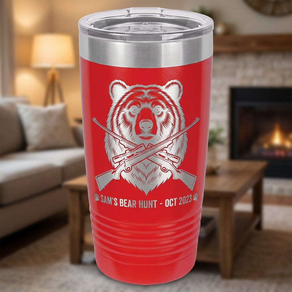Personalized Hunting Tumbler, Bear Head & Rifles Engraved, Outdoorsman Gift for Hunter, Custom Name & Date, 20oz Ringneck - View 1