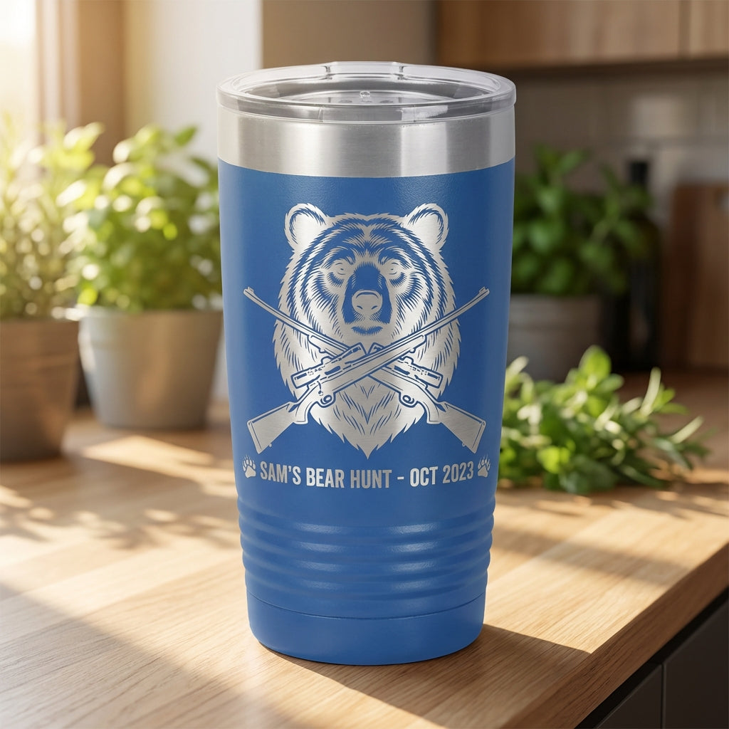 Personalized Hunting Tumbler, Bear Head & Rifles Engraved, Outdoorsman Gift for Hunter, Custom Name & Date, 20oz Ringneck - View 2