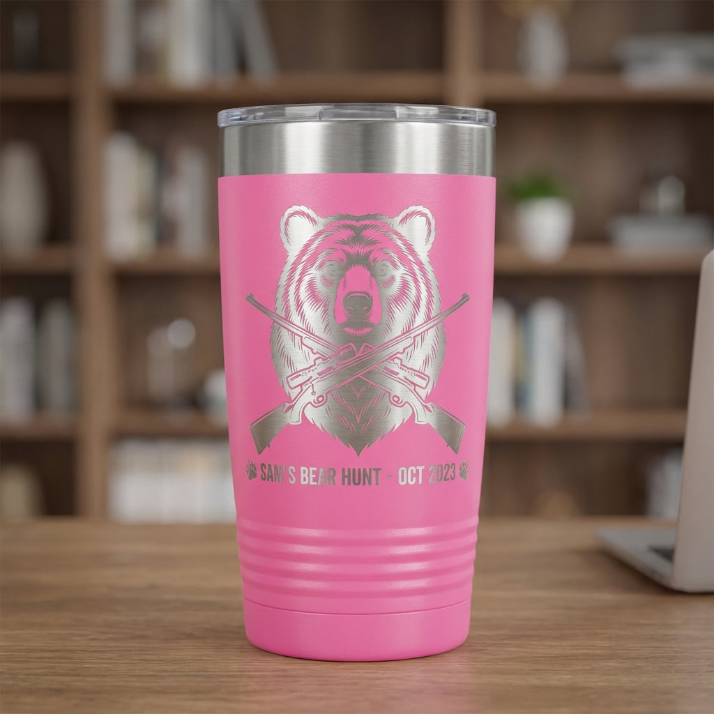 Personalized Hunting Tumbler, Bear Head & Rifles Engraved, Outdoorsman Gift for Hunter, Custom Name & Date, 20oz Ringneck - View 3