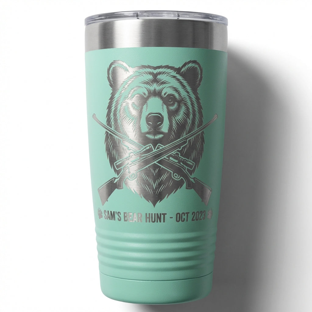 Personalized Hunting Tumbler, Bear Head & Rifles Engraved, Outdoorsman Gift for Hunter, Custom Name & Date, 20oz Ringneck - View 4