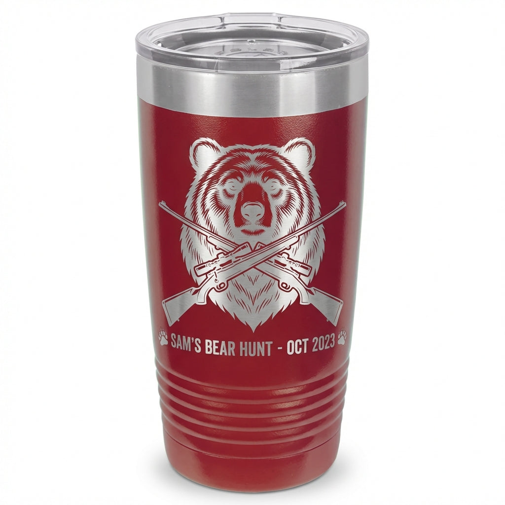 Personalized Hunting Tumbler, Bear Head & Rifles Engraved, Outdoorsman Gift for Hunter, Custom Name & Date, 20oz Ringneck - View 6