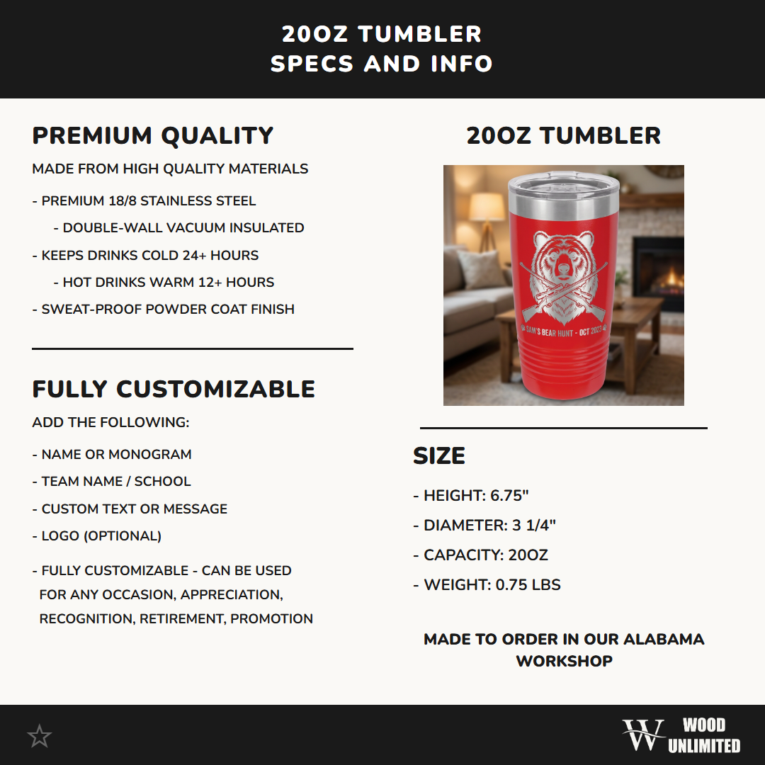 Personalized Hunting Tumbler, Bear Head & Rifles Engraved, Outdoorsman Gift for Hunter, Custom Name & Date, 20oz Ringneck