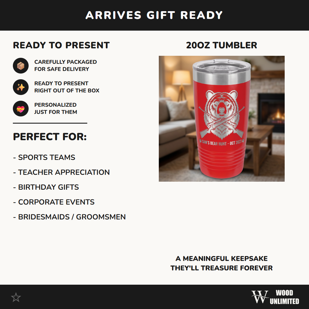 Personalized Hunting Tumbler, Bear Head & Rifles Engraved, Outdoorsman Gift for Hunter, Custom Name & Date, 20oz Ringneck