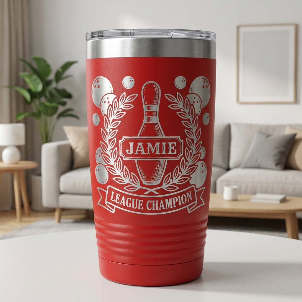 Personalized Bowling Champion Tumbler | Vintage Bowling Pin Design | Laser Engraved Trophy Gift | Custom Name League Award - View 1