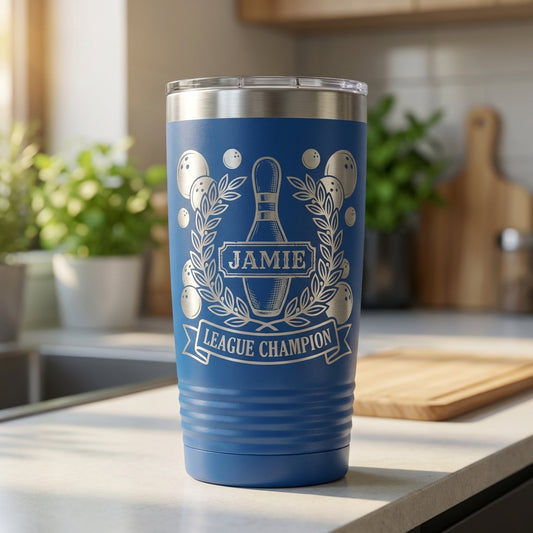 Personalized Bowling Champion Tumbler | Vintage Bowling Pin Design | Laser Engraved Trophy Gift | Custom Name League Award - View 2