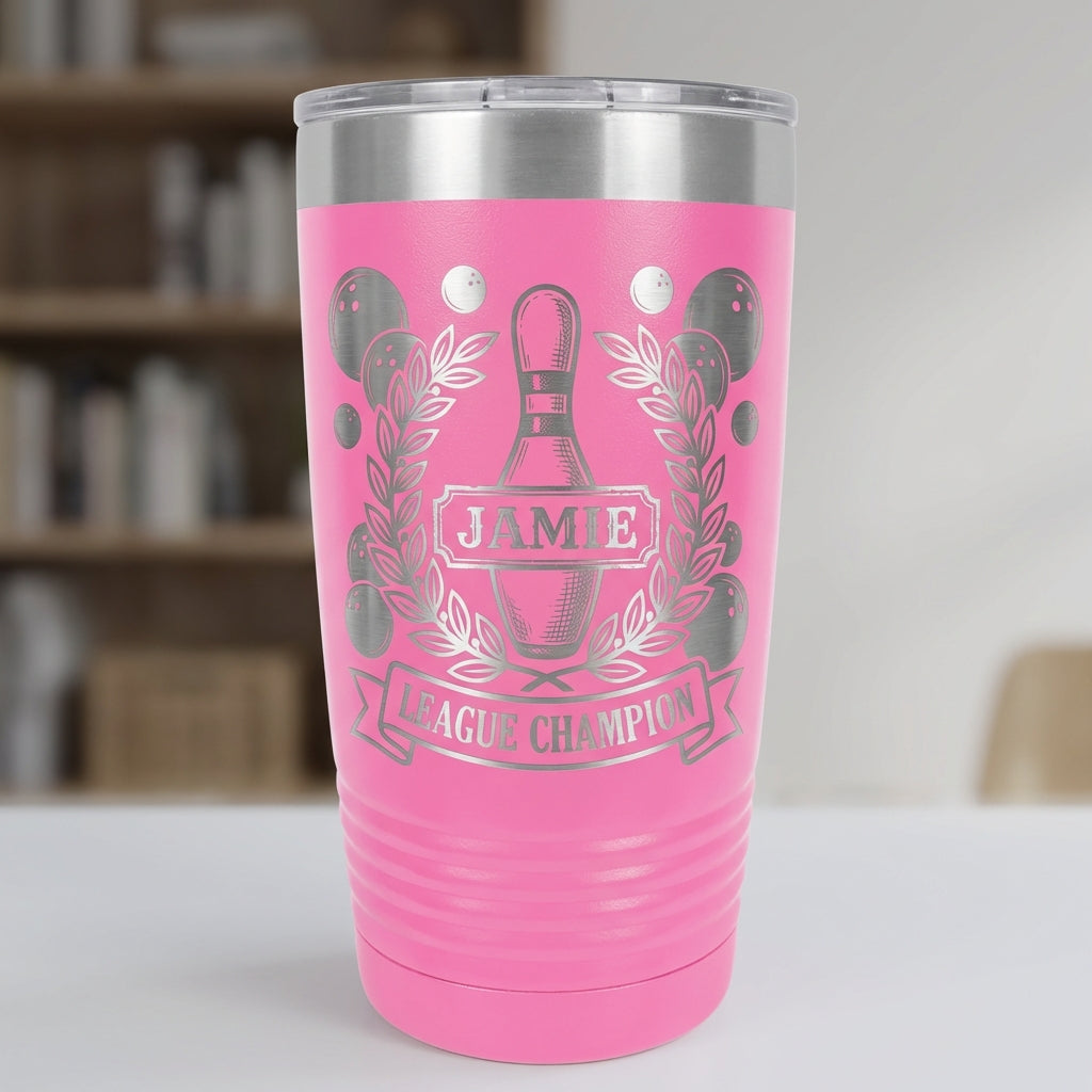 Personalized Bowling Champion Tumbler | Vintage Bowling Pin Design | Laser Engraved Trophy Gift | Custom Name League Award - View 3