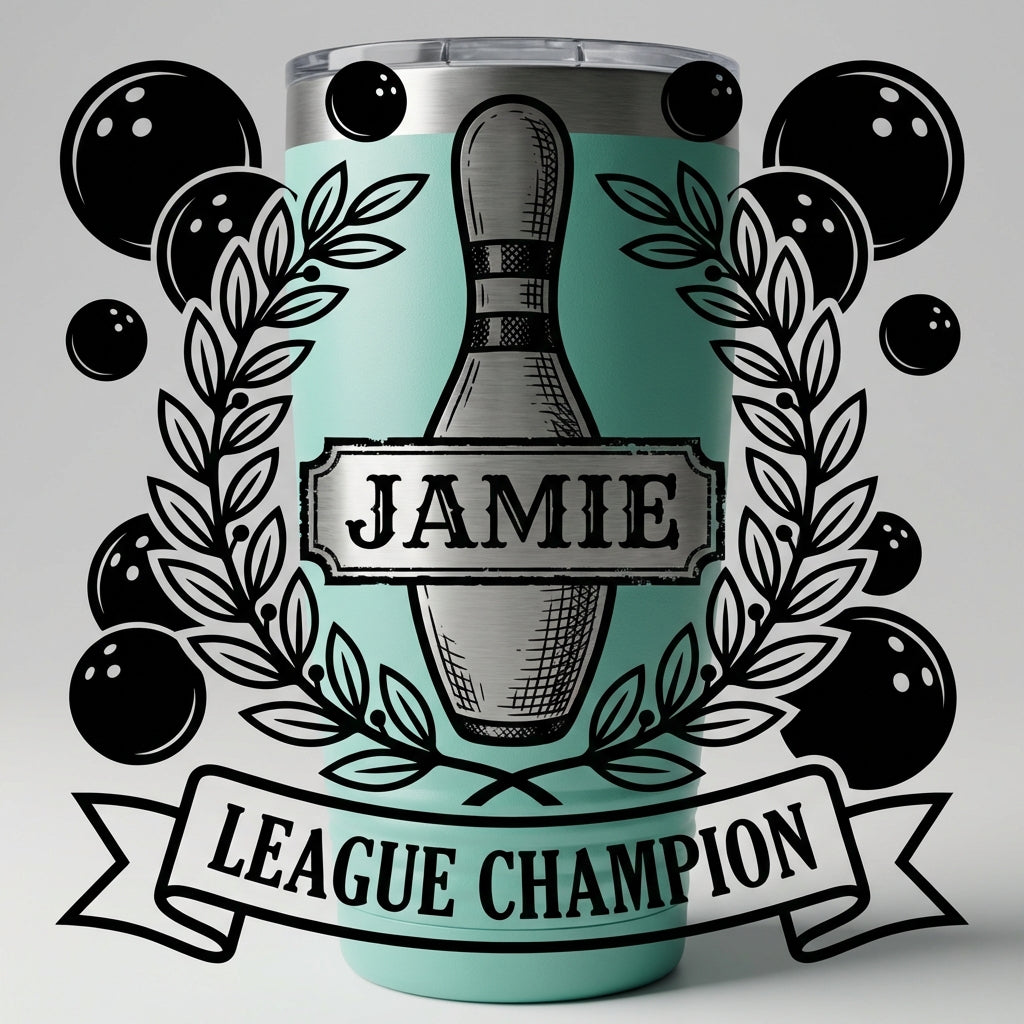 Personalized Bowling Champion Tumbler | Vintage Bowling Pin Design | Laser Engraved Trophy Gift | Custom Name League Award - View 4