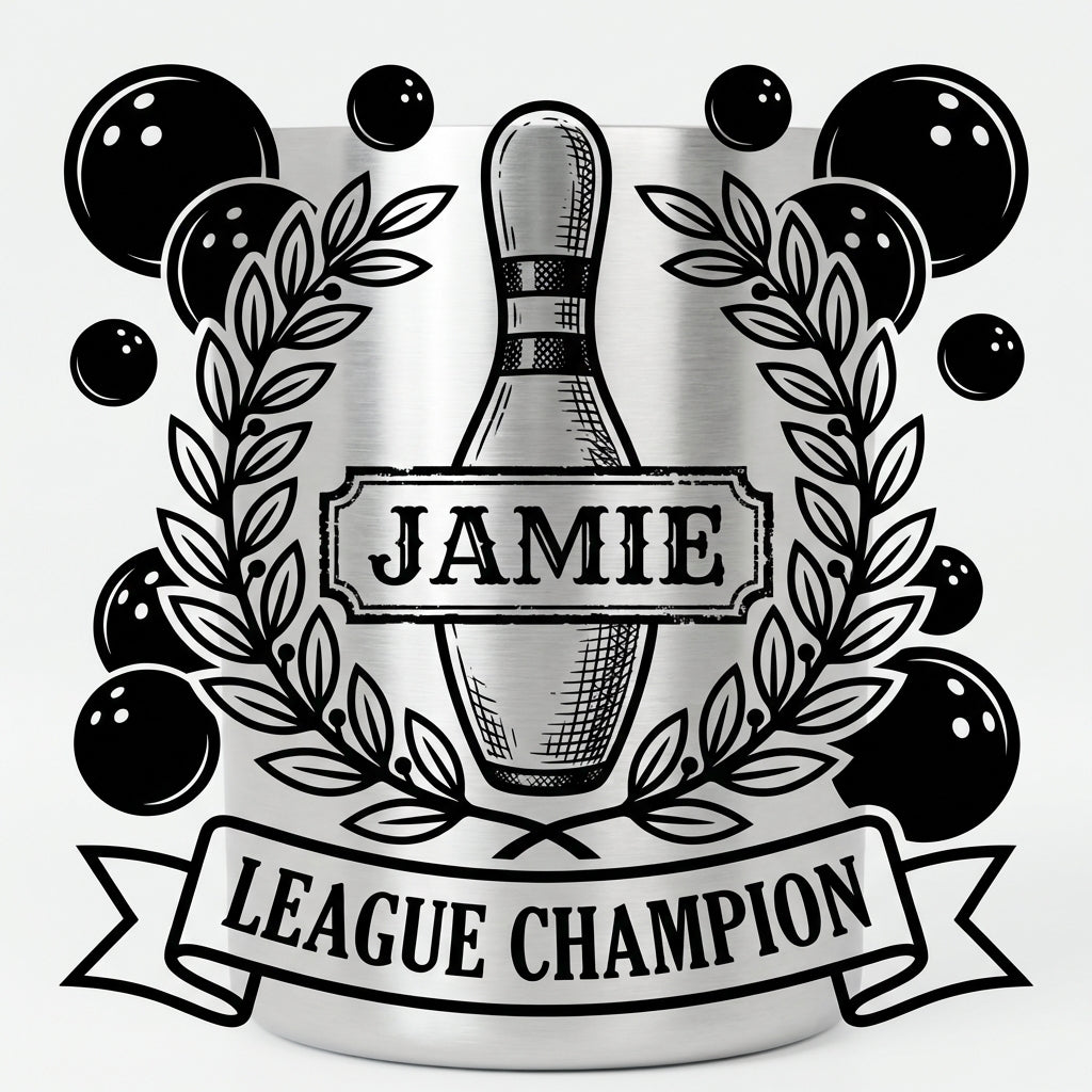 Personalized Bowling Champion Tumbler | Vintage Bowling Pin Design | Laser Engraved Trophy Gift | Custom Name League Award - View 5