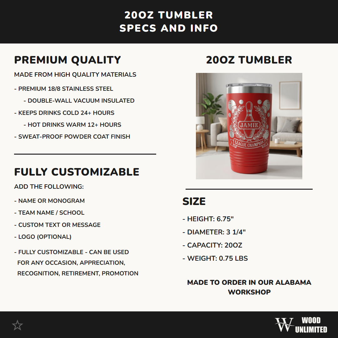 Personalized Bowling Champion Tumbler | Vintage Bowling Pin Design | Laser Engraved Trophy Gift | Custom Name League Award