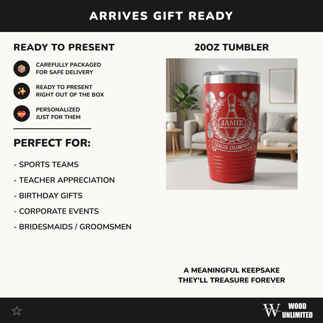 Personalized Bowling Champion Tumbler | Vintage Bowling Pin Design | Laser Engraved Trophy Gift | Custom Name League Award