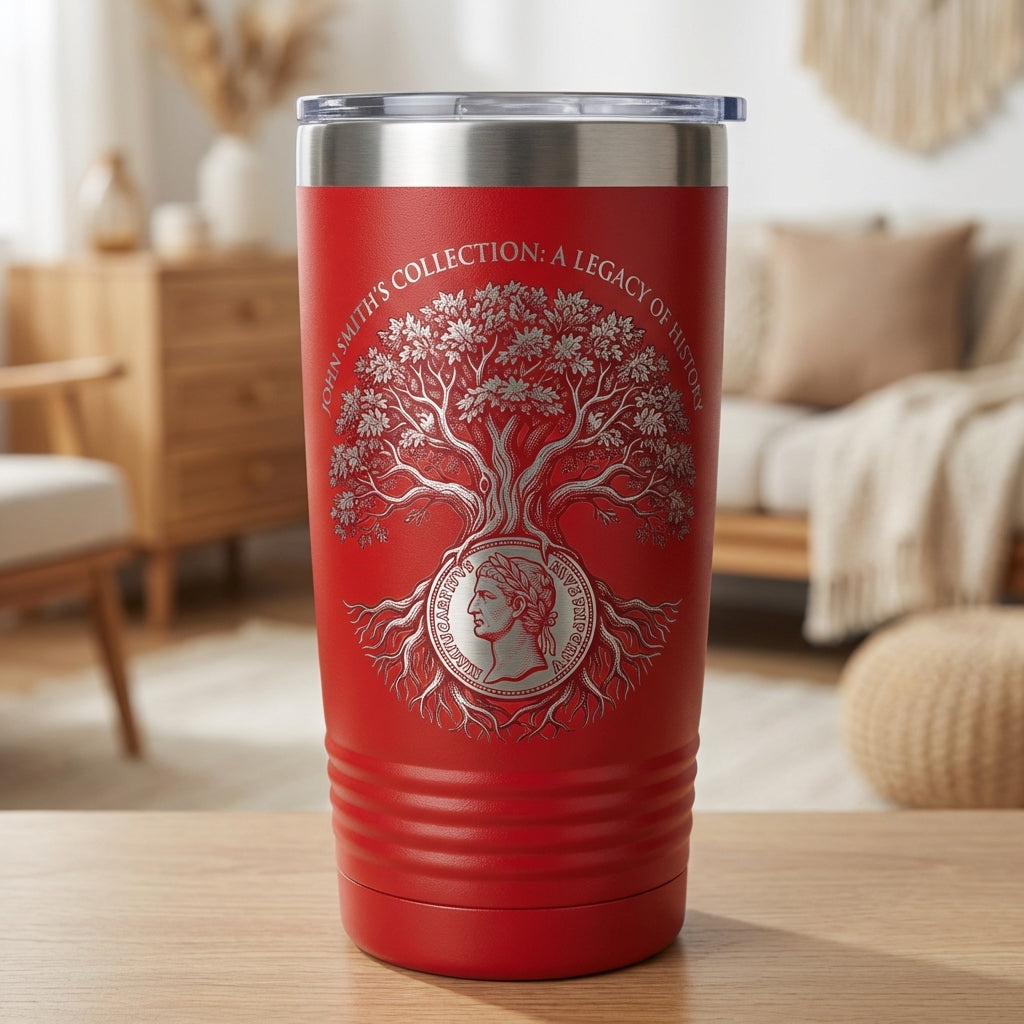 History Collector Gift Tumbler, Personalized Heritage Legacy 20oz Ringneck, Engraved Oak Tree Coin Design, Custom Name Collection Present - View 1
