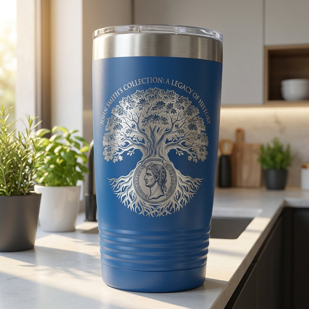 History Collector Gift Tumbler, Personalized Heritage Legacy 20oz Ringneck, Engraved Oak Tree Coin Design, Custom Name Collection Present - View 2