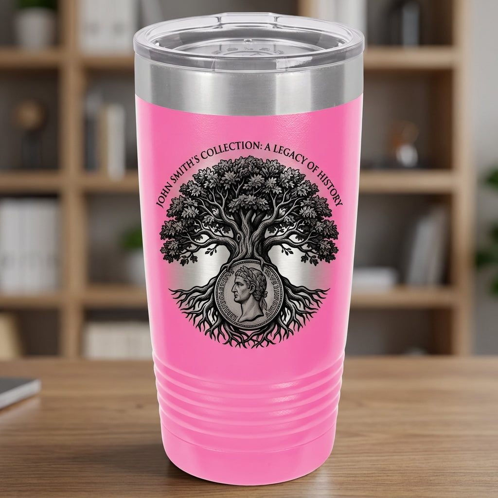 History Collector Gift Tumbler, Personalized Heritage Legacy 20oz Ringneck, Engraved Oak Tree Coin Design, Custom Name Collection Present - View 3