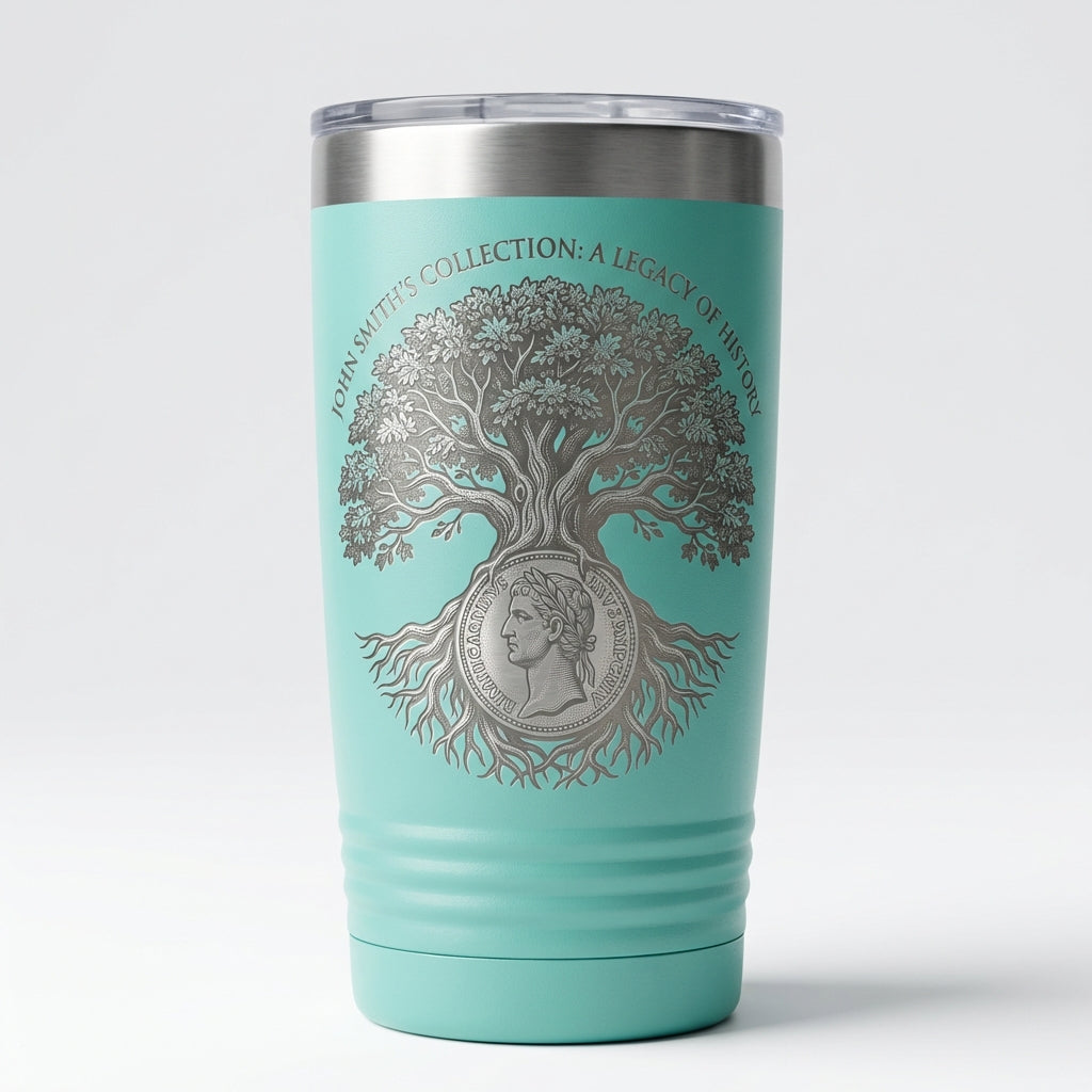 History Collector Gift Tumbler, Personalized Heritage Legacy 20oz Ringneck, Engraved Oak Tree Coin Design, Custom Name Collection Present - View 4