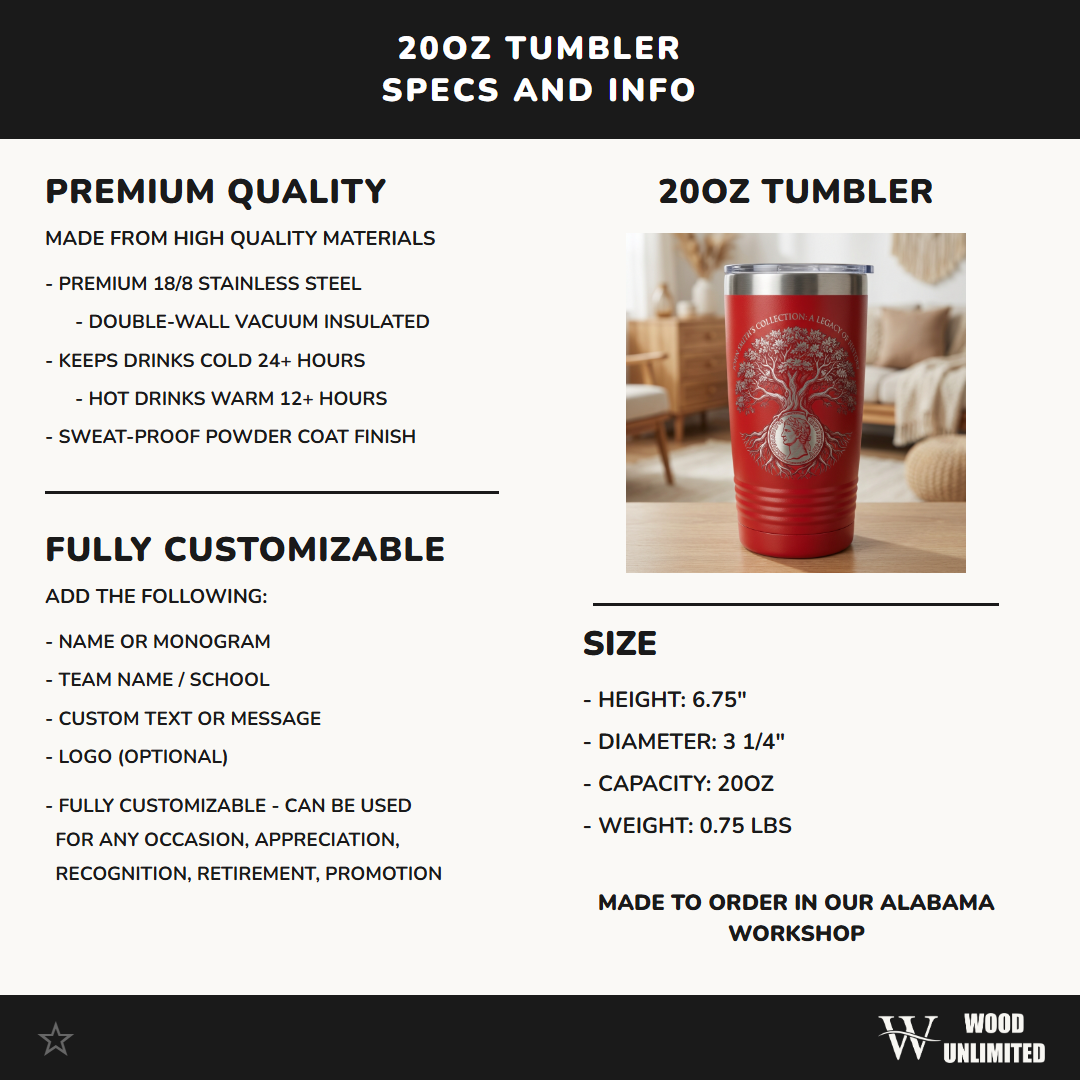 History Collector Gift Tumbler, Personalized Heritage Legacy 20oz Ringneck, Engraved Oak Tree Coin Design, Custom Name Collection Present